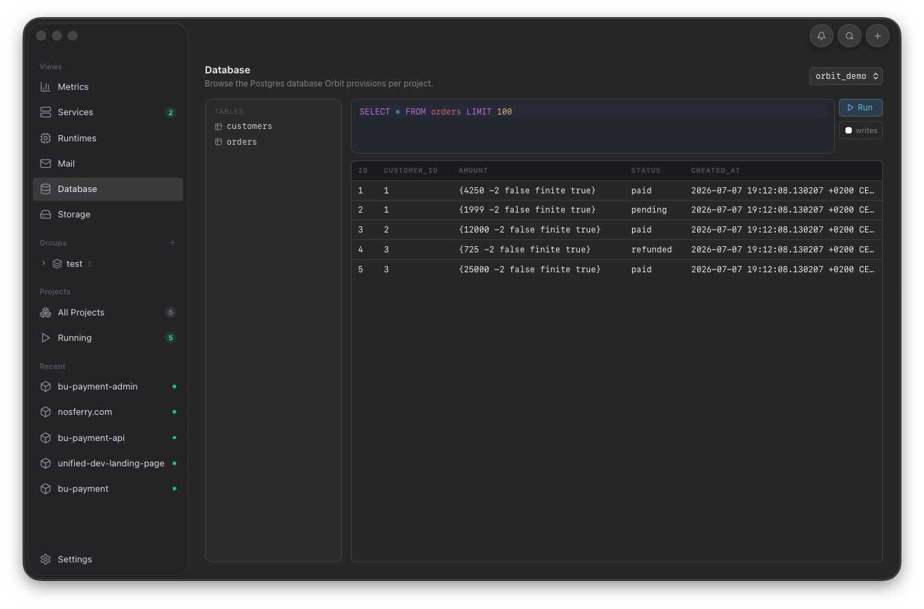 Orbit database screen