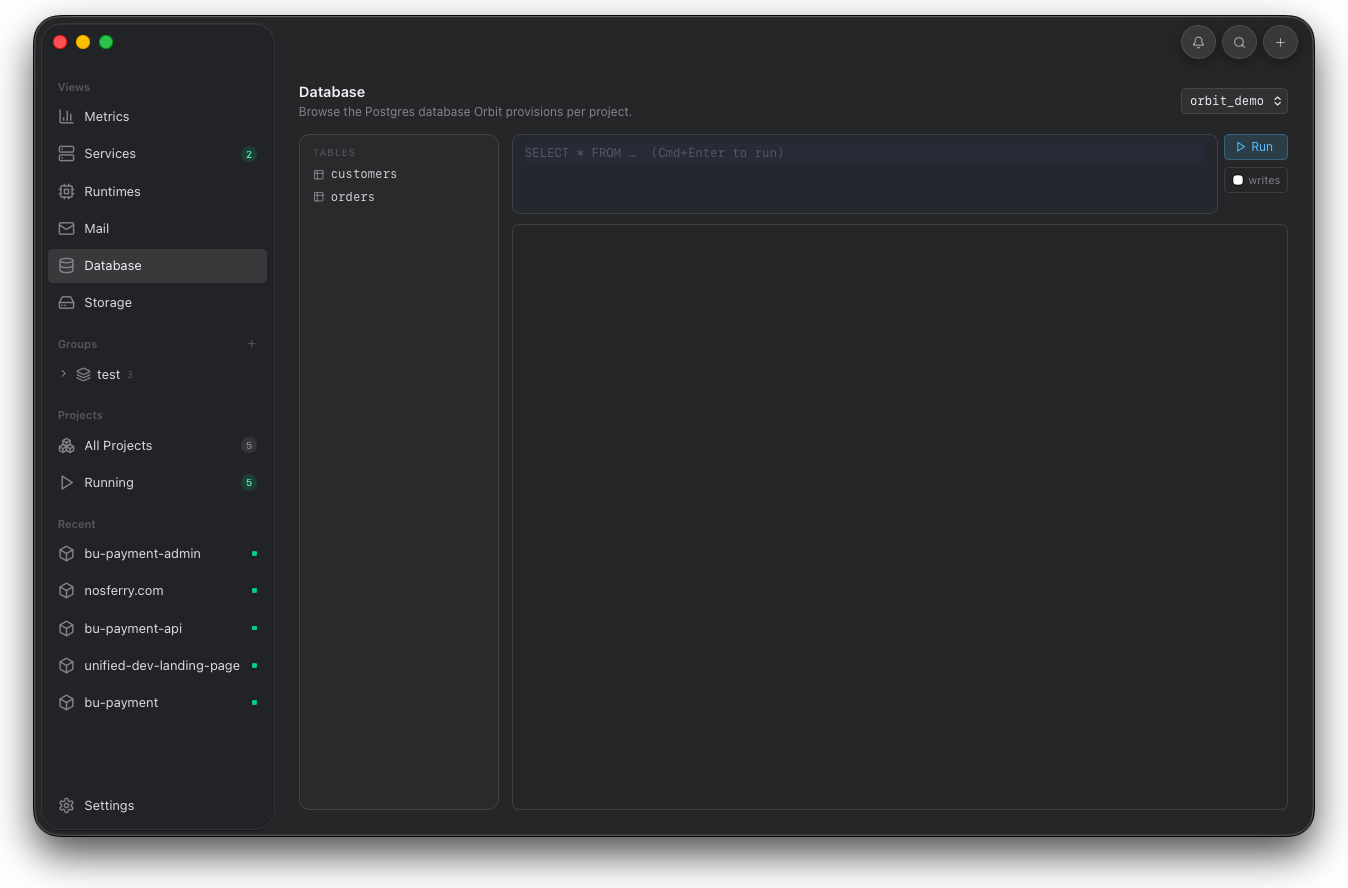 Orbit database screen