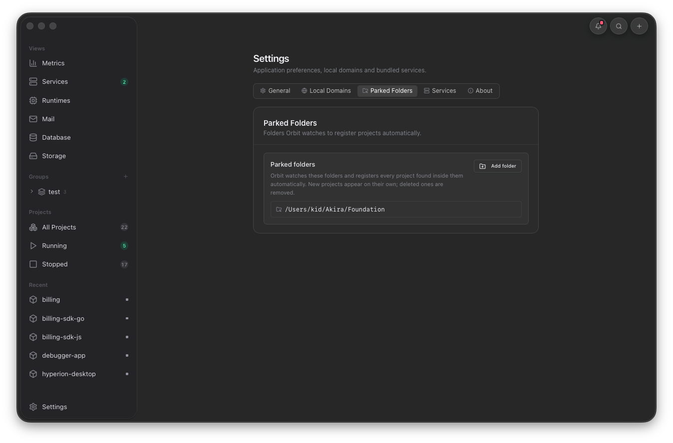 Orbit Parked Folders settings