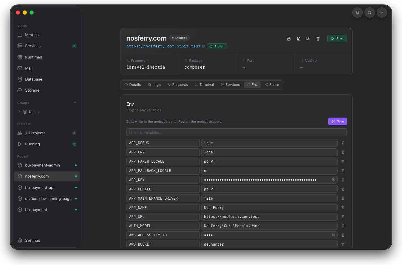 Orbit project environment tab