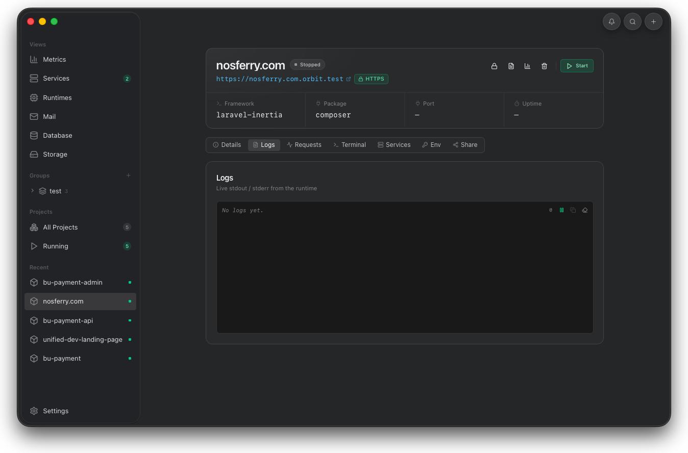 Orbit project detail Logs tab