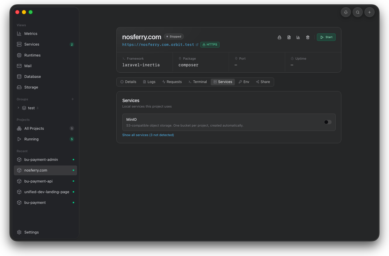 Orbit project Services tab