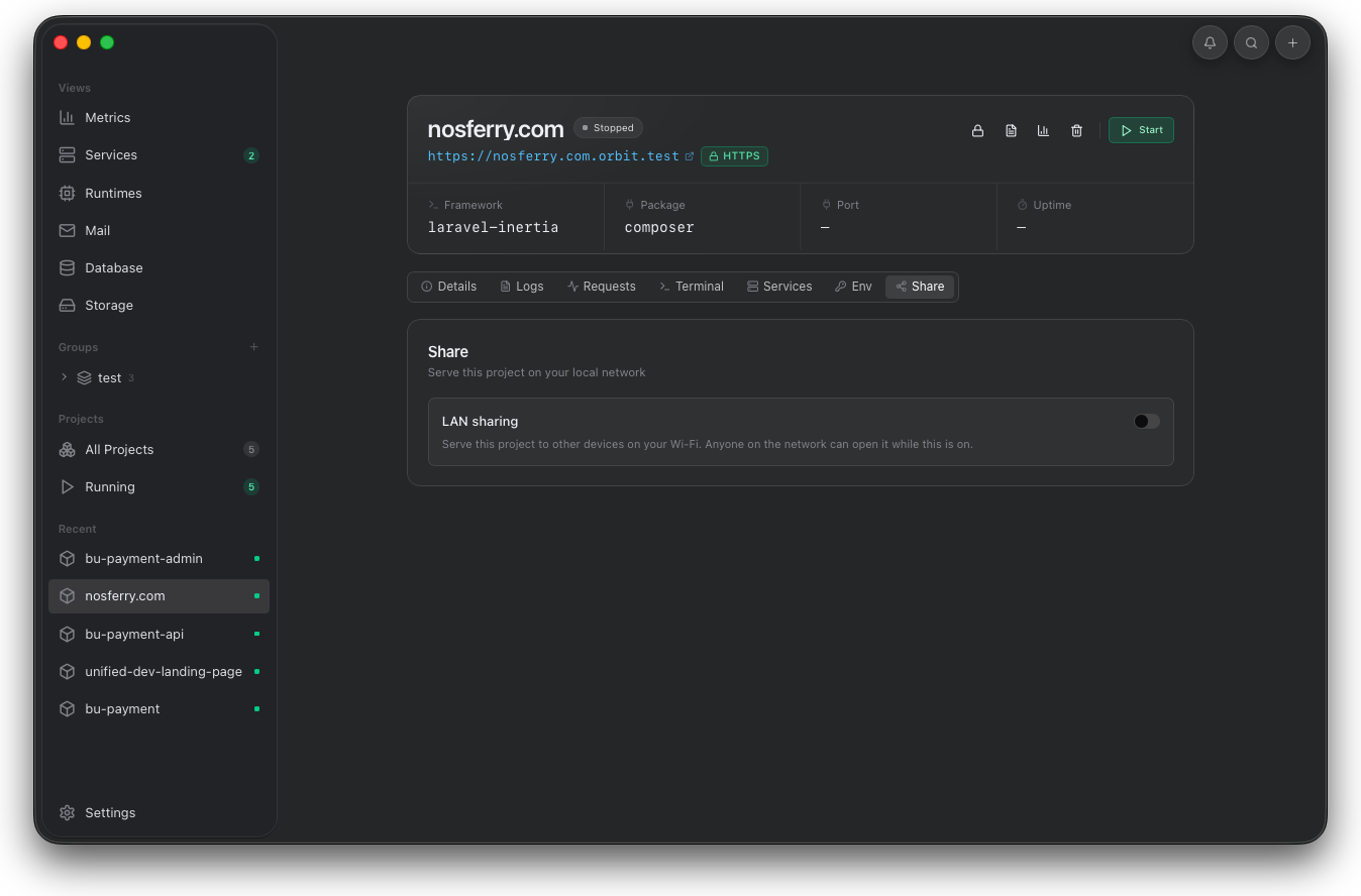 Orbit project Share tab