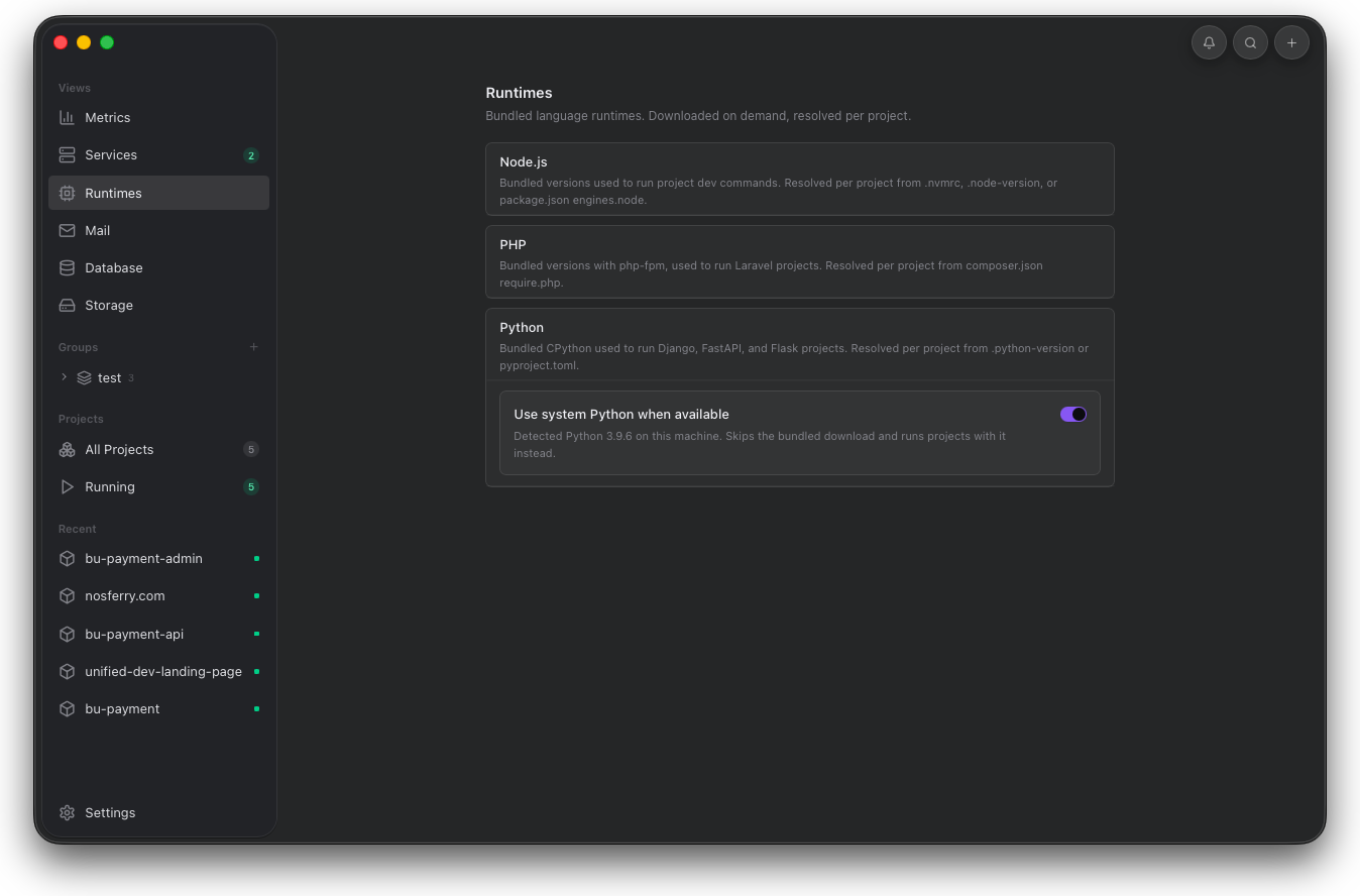 Orbit Runtimes screen