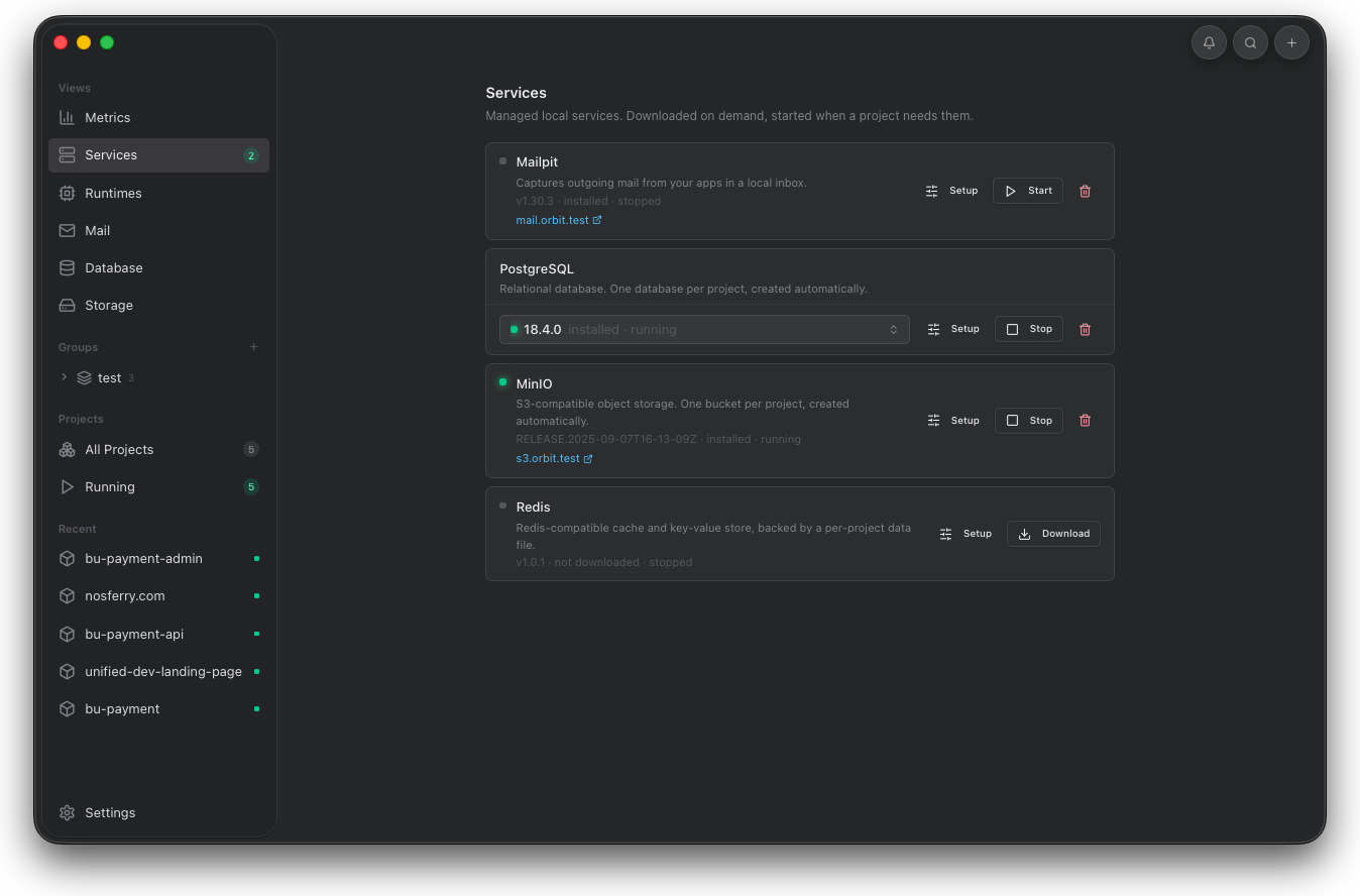 Orbit Services screen