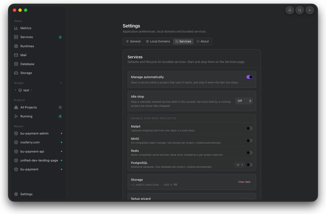 Orbit Services settings